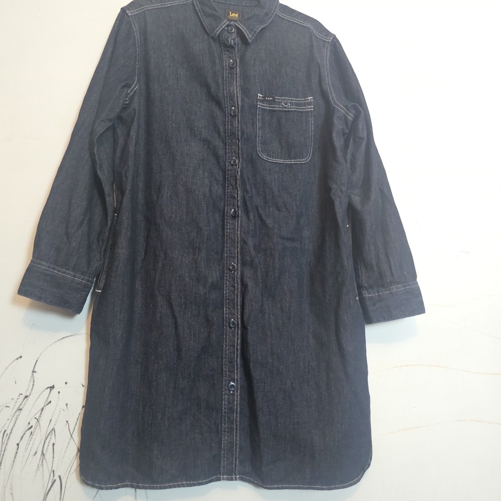 Vintage Lee 100% Cotton Denim Dress Button Down Collar Knee Length Large